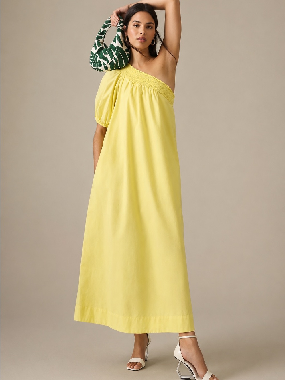 Anthropologie Maeve One Shoulder Maxi Dress 2X Yellow Cotton Pockets Resort